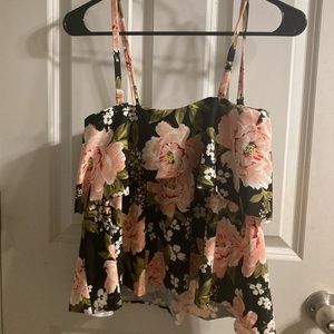 Kona Sol tankini top. Pretty with pink flowers and tiered ruffles.